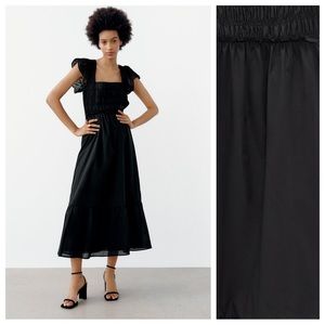 NWT. Zara Black Openwork Embroidery Midi Dress. Size S.